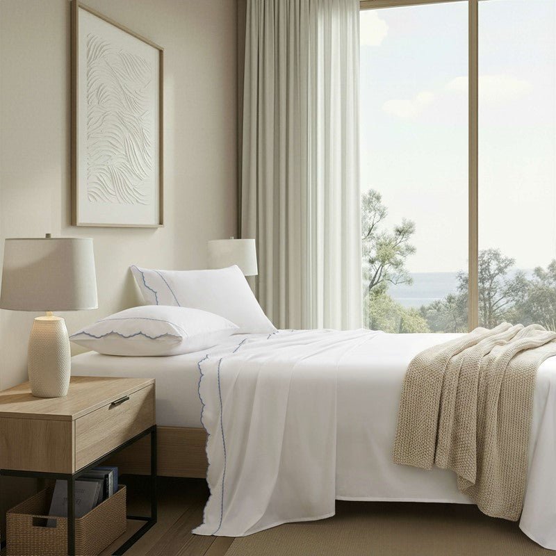 Brielle 300TC Scalloped Edge Cotton Coastal Sheet Set - Blue - Quahog Bay Bedding