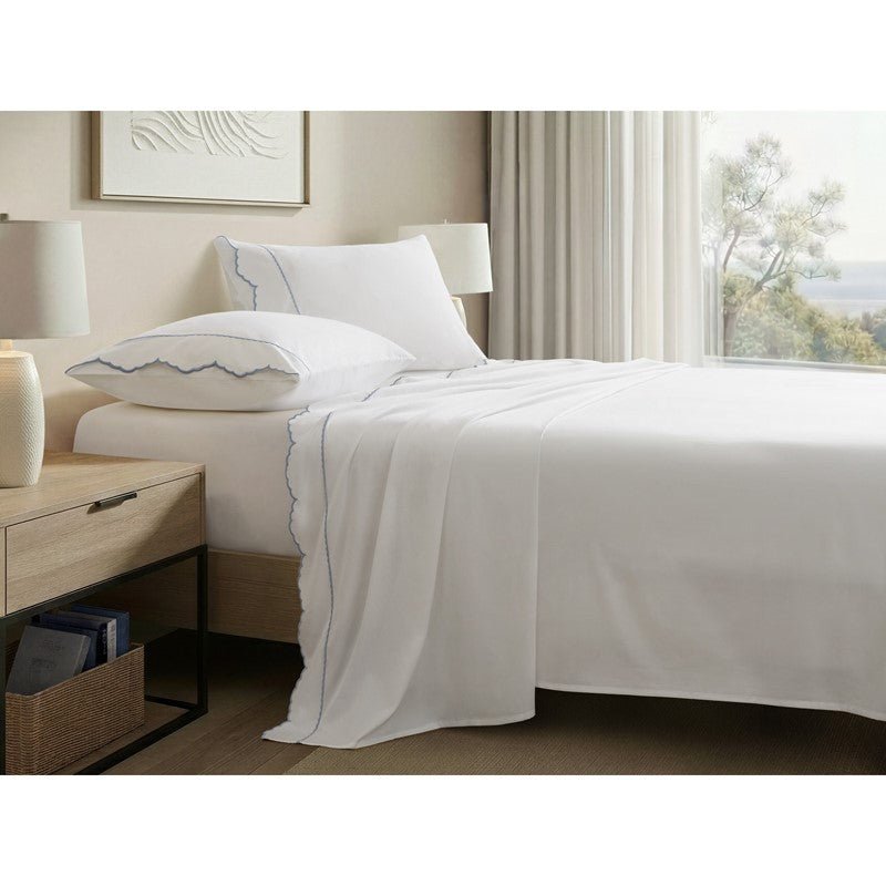 Brielle 300TC Scalloped Edge Cotton Coastal Sheet Set - Blue - Quahog Bay Bedding