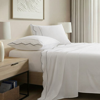 Brielle 300TC Scalloped Edge Cotton Coastal Sheet Set - Grey - Quahog Bay Bedding