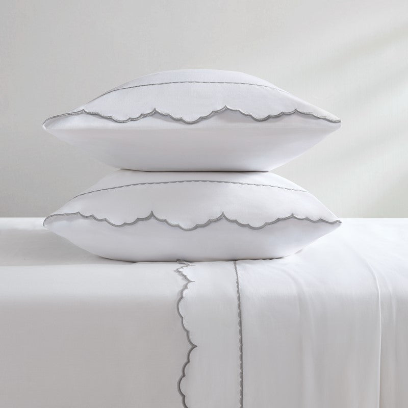 Brielle 300TC Scalloped Edge Cotton Coastal Sheet Set - Grey - Quahog Bay Bedding