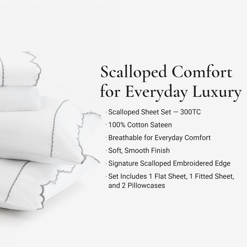 Brielle 300TC Scalloped Edge Cotton Coastal Sheet Set - Grey - Quahog Bay Bedding
