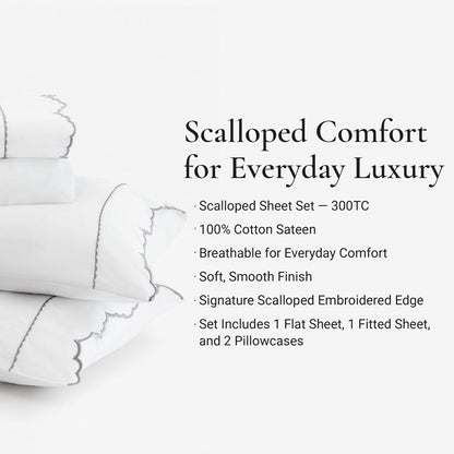 Brielle 300TC Scalloped Edge Cotton Coastal Sheet Set - Grey - Quahog Bay Bedding