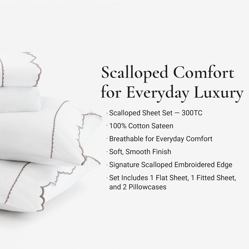 Brielle 300TC Scalloped Edge Cotton Coastal Sheet Set - Linen - Quahog Bay Bedding