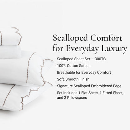 Brielle 300TC Scalloped Edge Cotton Coastal Sheet Set - Linen - Quahog Bay Bedding