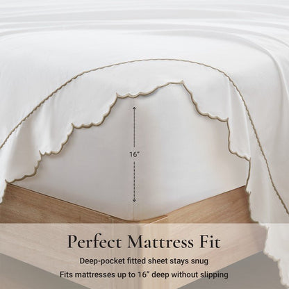Brielle 300TC Scalloped Edge Cotton Coastal Sheet Set - Linen - Quahog Bay Bedding