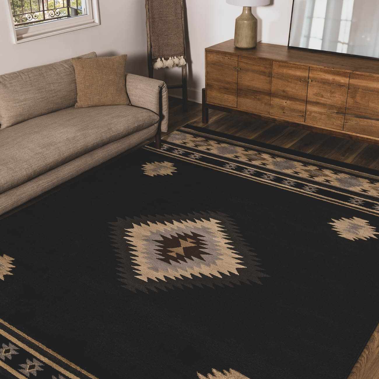 Buckhaven Black Southwestern Area Rug - Quahog Bay Bedding