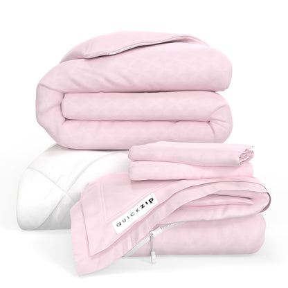 QuickZip Euro Bundle - 400TC 100% Cotton Sateen - Fitted Sheet, Duvet Cover, Comforter & 2 Pillowcases