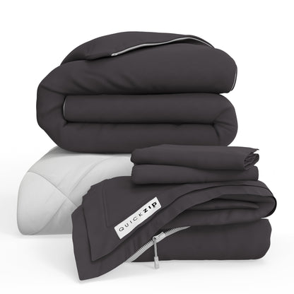 QuickZip Euro Bundle - 400TC 100% Cotton Percale - Fitted Sheet, Duvet Cover, Comforter & 2 Pillowcases