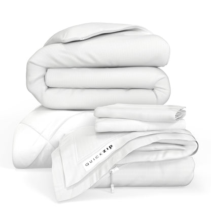 QuickZip Euro Bundle - 400TC 100% Cotton Sateen - Fitted Sheet, Duvet Cover, Comforter & 2 Pillowcases