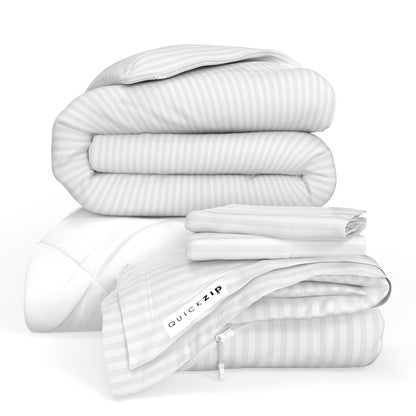 QuickZip Euro Bundle - Cotton/Poly Comfort Core, Wrinkle-Free - Fitted Sheet, Duvet Cover, Comforter & 2 Pillowcases