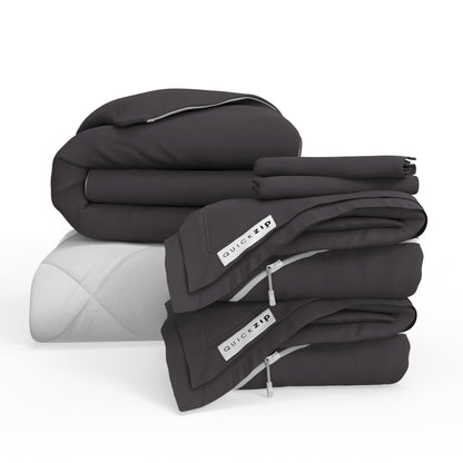 QuickZip Euro Bundle - 400TC 100% Cotton Percale - Fitted Sheet, Duvet Cover, Comforter & 2 Pillowcases