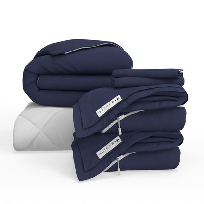 QuickZip Euro Bundle - 400TC 100% Cotton Percale - Fitted Sheet, Duvet Cover, Comforter & 2 Pillowcases