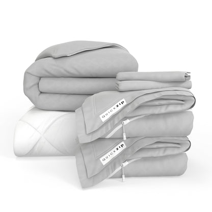 QuickZip Euro Bundle - 400TC 100% Cotton Percale - Fitted Sheet, Duvet Cover, Comforter & 2 Pillowcases