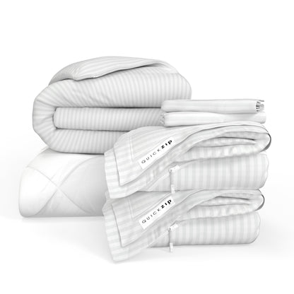 QuickZip Euro Bundle - Cotton/Poly Comfort Core, Wrinkle-Free - Fitted Sheet, Duvet Cover, Comforter & 2 Pillowcases