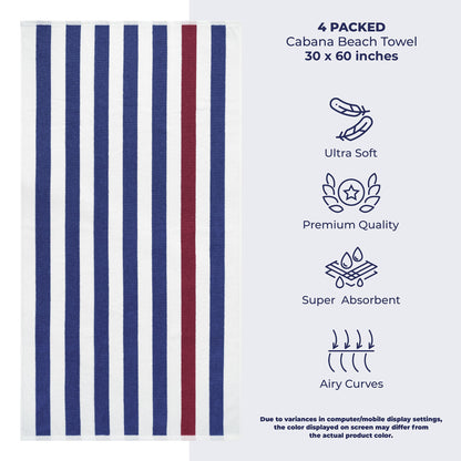 Cabana Striped Cotton Beach Towels 4 Pack - Quahog Bay Bedding