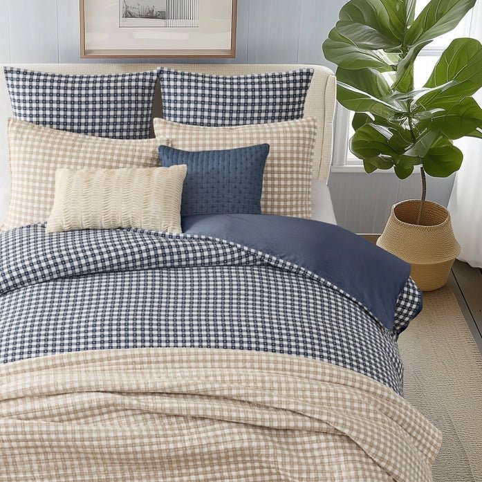 Camden Gingham Stitch Euro Sham Set - Navy - Quahog Bay Bedding