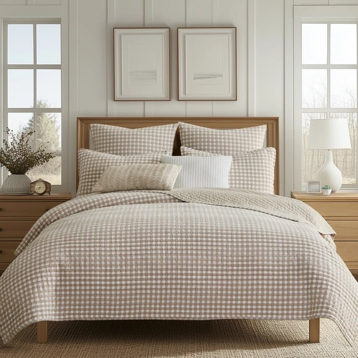 Camden Gingham Stitch Euro Sham Set - Taupe - Quahog Bay Bedding