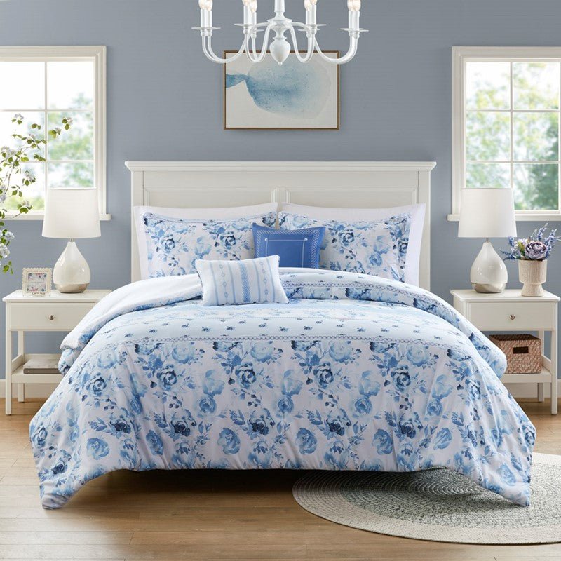 Christa Floral Striped Comforter Set - Blue Floral Coastal Comforter - Quahog Bay Bedding