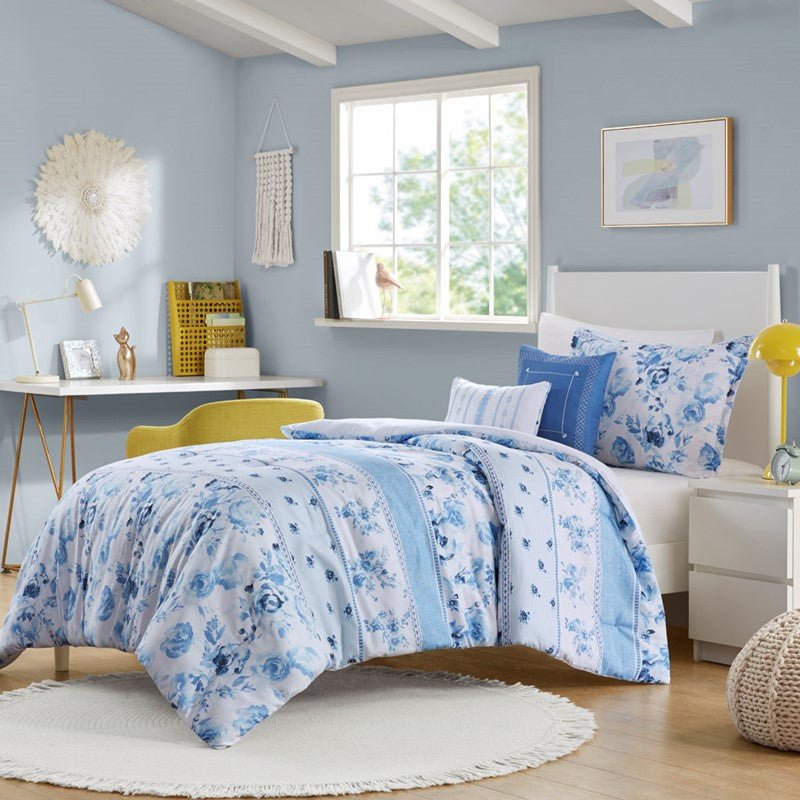 Christa Floral Striped Comforter Set - Blue Floral Coastal Comforter - Quahog Bay Bedding
