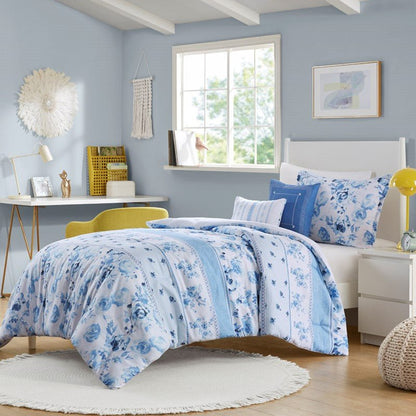 Christa Floral Striped Comforter Set - Blue Floral Coastal Comforter - Quahog Bay Bedding