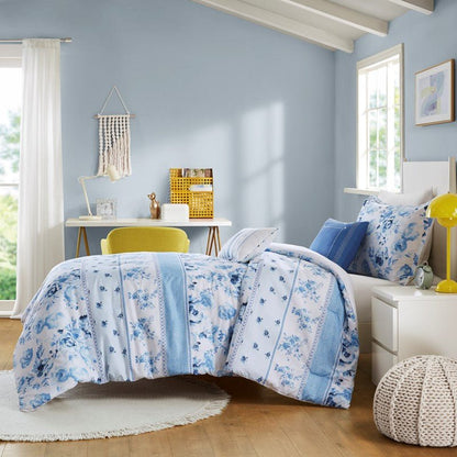 Christa Floral Striped Comforter Set - Blue Floral Coastal Comforter - Quahog Bay Bedding
