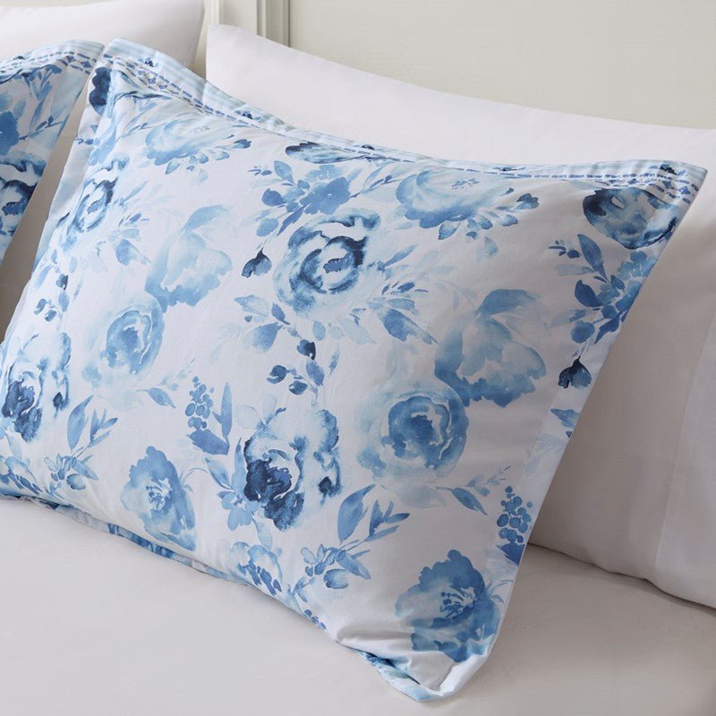 Christa Floral Striped Comforter Set - Blue Floral Coastal Comforter - Quahog Bay Bedding