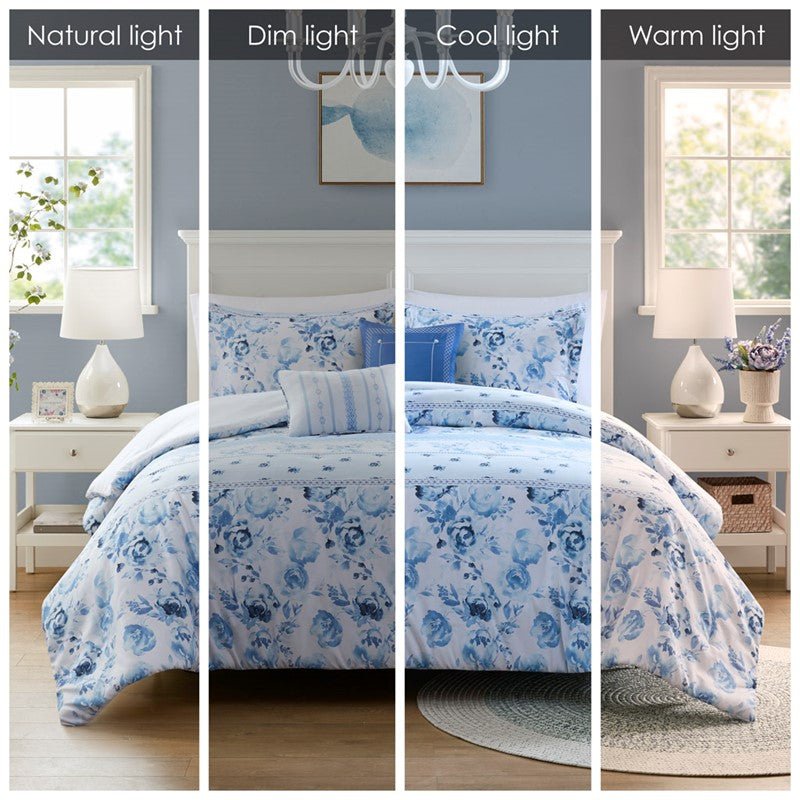 Christa Floral Striped Comforter Set - Blue Floral Coastal Comforter - Quahog Bay Bedding