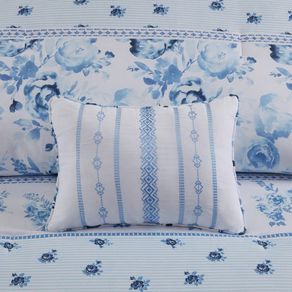 Christa Floral Striped Comforter Set - Blue Floral Coastal Comforter - Quahog Bay Bedding