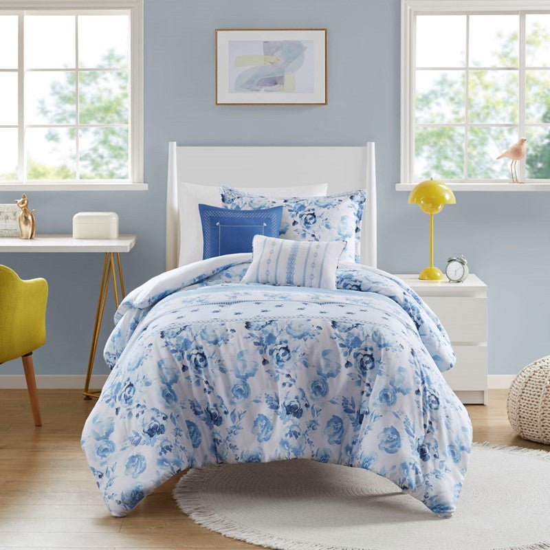 Christa Floral Striped Comforter Set - Blue Floral Coastal Comforter - Quahog Bay Bedding