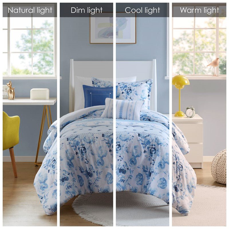 Christa Floral Striped Comforter Set - Blue Floral Coastal Comforter - Quahog Bay Bedding