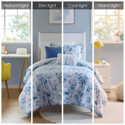 Christa Floral Striped Comforter Set - Blue Floral Coastal Comforter - Quahog Bay Bedding