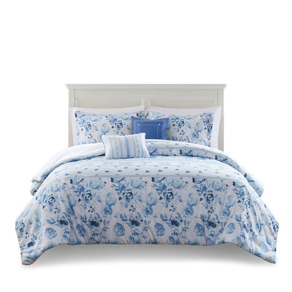 Christa Floral Striped Comforter Set - Blue Floral Coastal Comforter - Quahog Bay Bedding