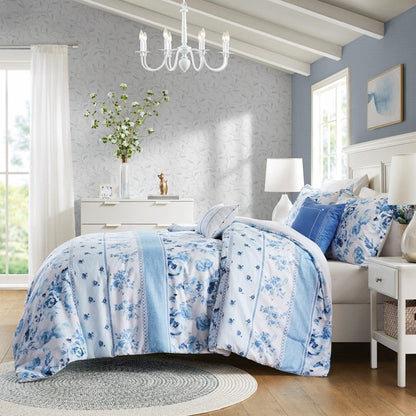 Christa Floral Striped Comforter Set - Blue Floral Coastal Comforter - Quahog Bay Bedding