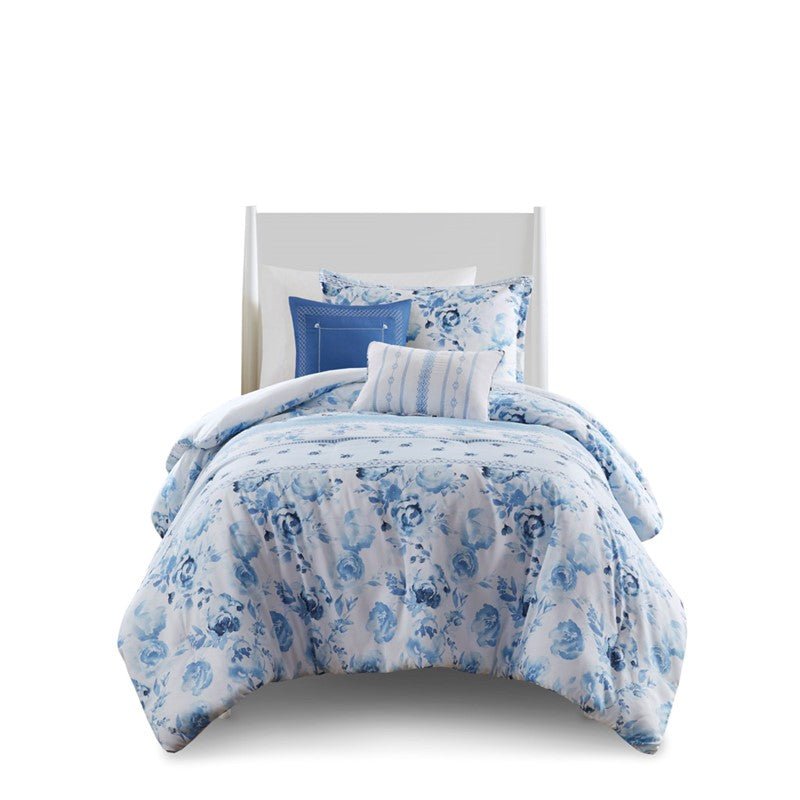 Christa Floral Striped Comforter Set - Blue Floral Coastal Comforter - Quahog Bay Bedding