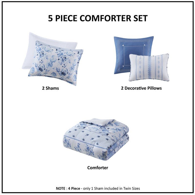 Christa Floral Striped Comforter Set - Blue Floral Coastal Comforter - Quahog Bay Bedding