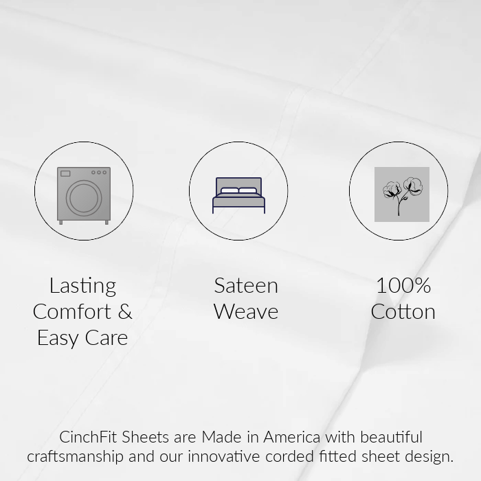 CinchFit cotton sheet set displayed in a bright, coastal bedroom