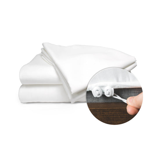 White CinchFit sheets with a close-up of the adjustable cinching cord and locks.