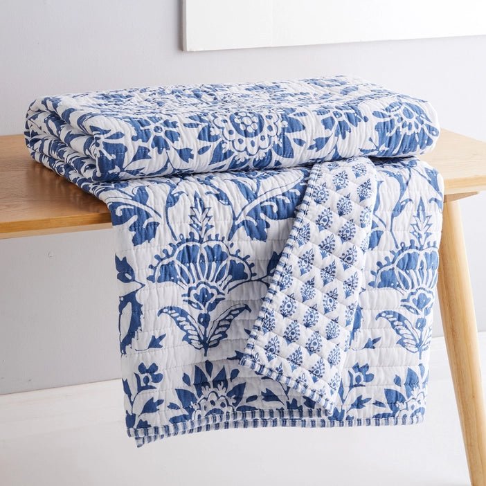 Clara Blue Quilted Throw - Coastal Throw Blanket - Quahog Bay Bedding