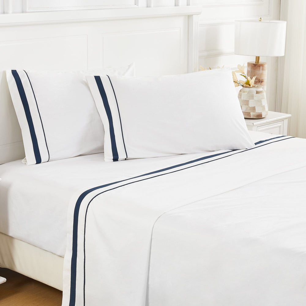 Classic Double Border Percale Cotton Sheet Set - Quahog Bay Bedding
