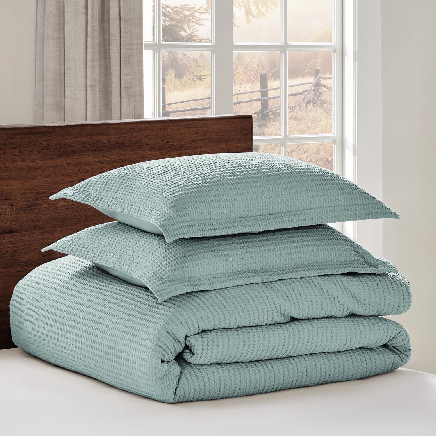 Cloud Waffle 100% Cotton Duvet Cover Set 3PC - Blue Haze - Quahog Bay Bedding