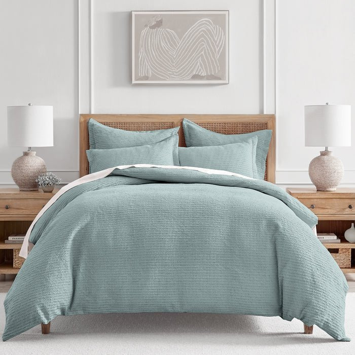 Cloud Waffle 100% Cotton Duvet Cover Set 3PC - Blue Haze - Quahog Bay Bedding