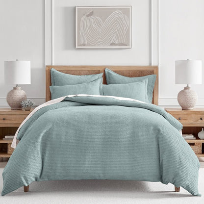 Cloud Waffle 100% Cotton Duvet Cover Set 3PC - Blue Haze - Quahog Bay Bedding