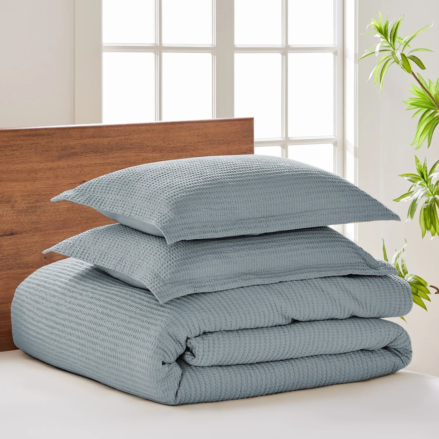 Cloud Waffle 100% Cotton Duvet Cover Set 3PC - Chambray - Quahog Bay Bedding