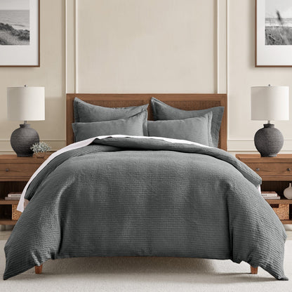 Cloud Waffle 100% Cotton Duvet Cover Set 3PC - Charcoal - Quahog Bay Bedding