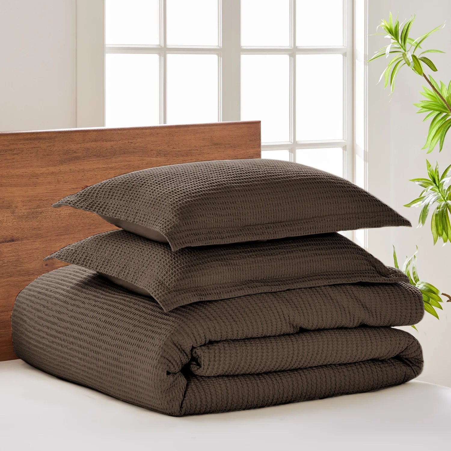 Cloud Waffle 100% Cotton Duvet Cover Set 3PC - Cocoa - Quahog Bay Bedding