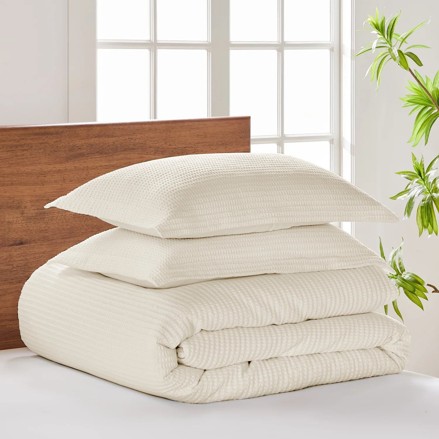 Cloud Waffle 100% Cotton Duvet Cover Set 3PC - Cream - Quahog Bay Bedding