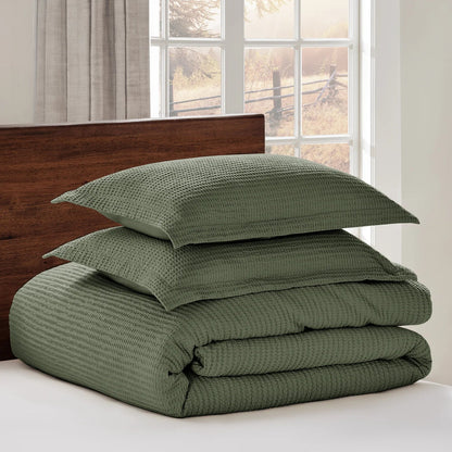Cloud Waffle 100% Cotton Duvet Cover Set 3PC - Forest Green - Quahog Bay Bedding