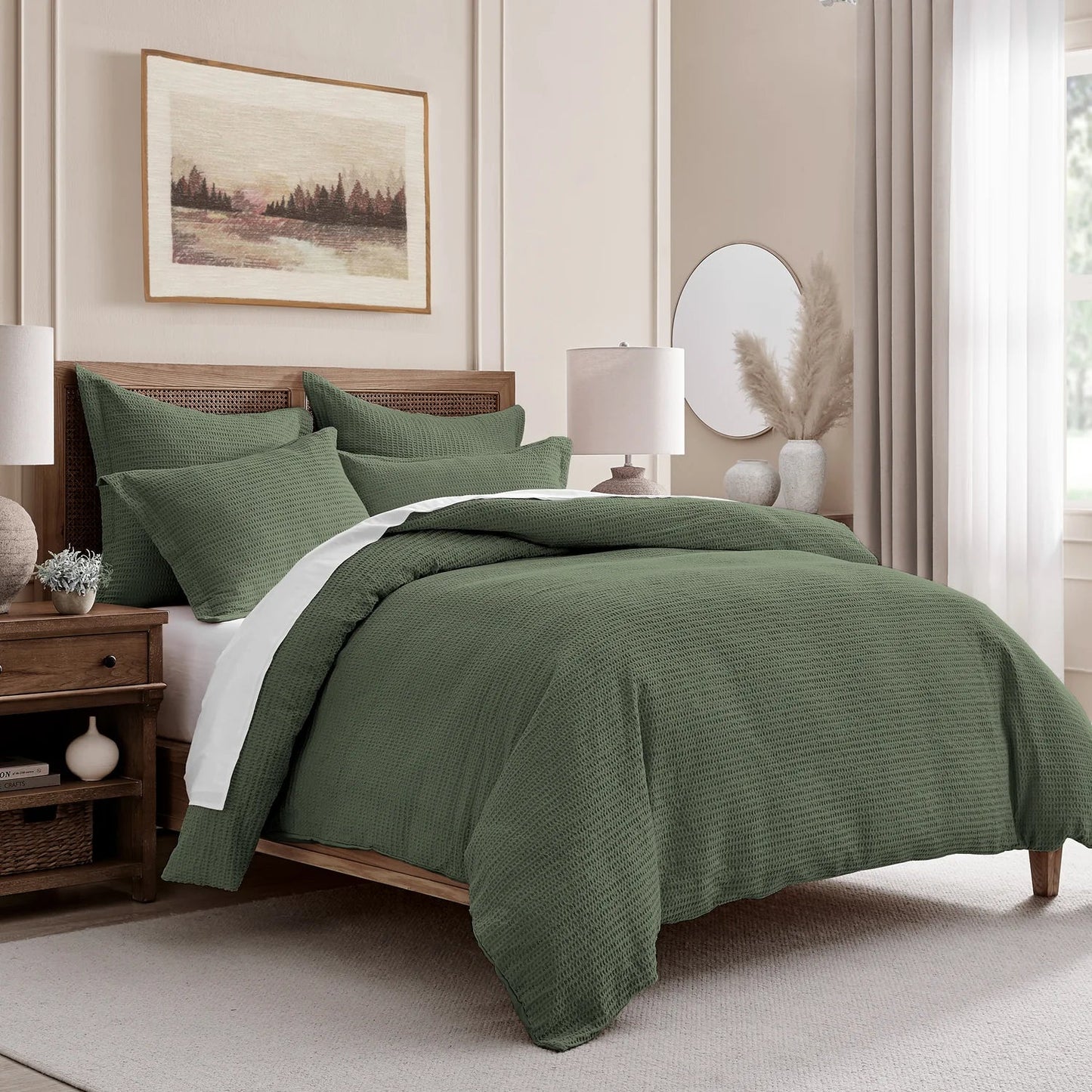 Cloud Waffle 100% Cotton Duvet Cover Set 3PC - Forest Green - Quahog Bay Bedding