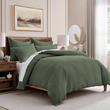 Cloud Waffle 100% Cotton Duvet Cover Set 3PC - Forest Green - Quahog Bay Bedding