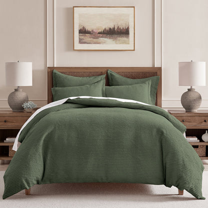 Cloud Waffle 100% Cotton Duvet Cover Set 3PC - Forest Green - Quahog Bay Bedding